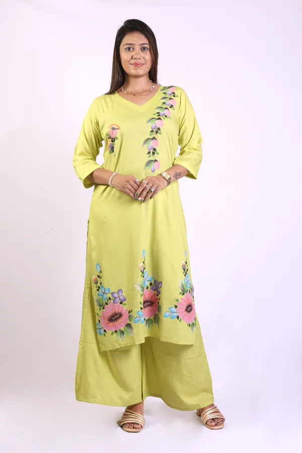 Light_Green_Hand_Printed_Rayon_Straight_Kurta_&__Palazzo_Pant_Set_With_Organza_Dupatta_For_Women