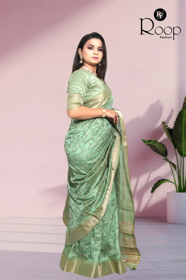 Emerald_Green_Traditional_Linen_Cotton_Katha_Work_Saree