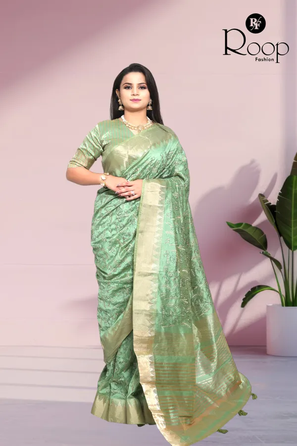 Emerald_Green_Traditional_Linen_Cotton_Katha_Work_Saree