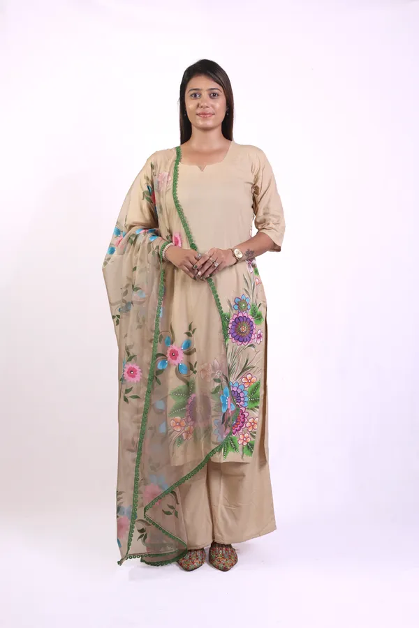 Light_Brown_Hand_Printed_Rayon_Straight_Kurta_&__Palazzo_Pant_Set_With_Organza_Dupatta_For_Women