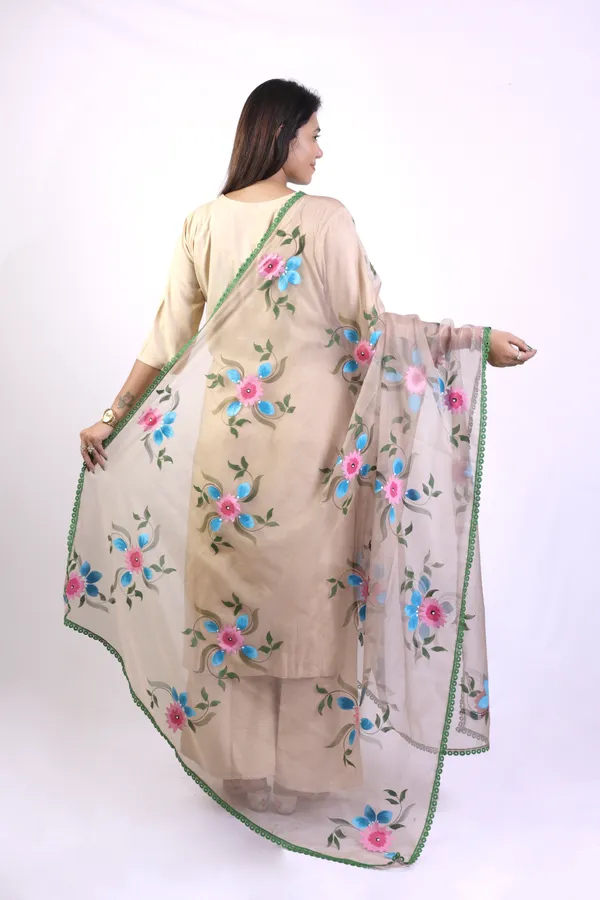 Light_Brown_Hand_Printed_Rayon_Straight_Kurta_&__Palazzo_Pant_Set_With_Organza_Dupatta_For_Women