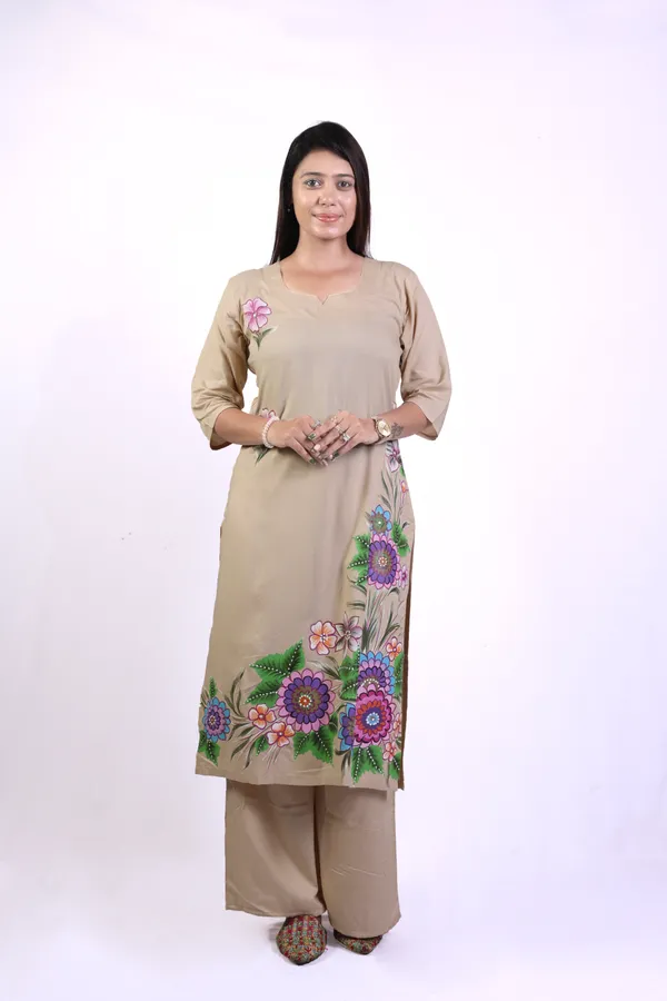 Light_Brown_Hand_Printed_Rayon_Straight_Kurta_&__Palazzo_Pant_Set_With_Organza_Dupatta_For_Women