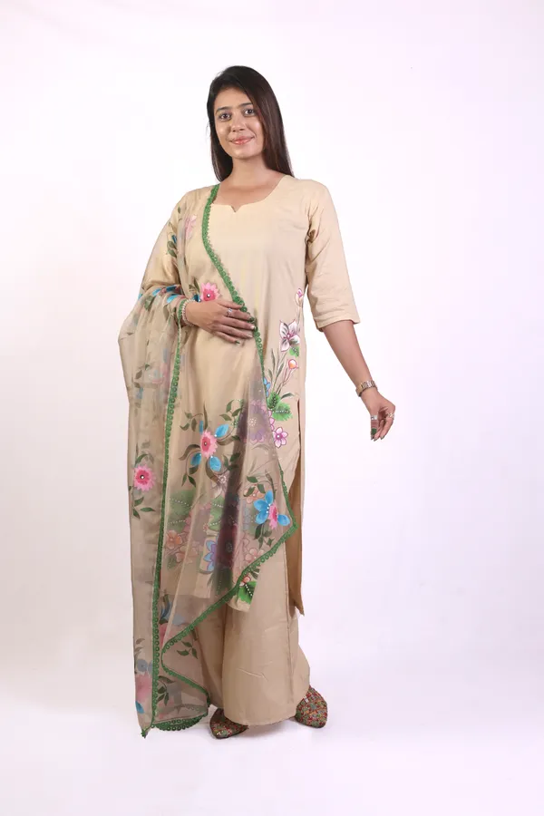 Light_Brown_Hand_Printed_Rayon_Straight_Kurta_&__Palazzo_Pant_Set_With_Organza_Dupatta_For_Women