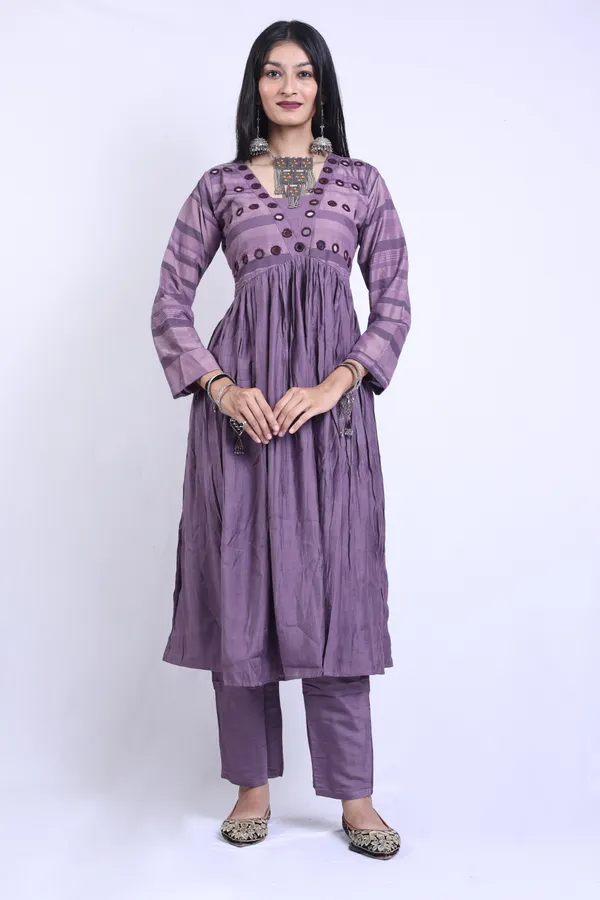 Wisteria_Purple_Art_Silk_Linen_Blend_Mirror_Work_Anarkali_Kurta_With_Elegant_Trousers_Pant_For_Women