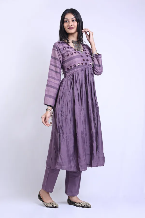 Wisteria_Purple_Art_Silk_Linen_Blend_Mirror_Work_Anarkali_Kurta_With_Elegant_Trousers_Pant_For_Women