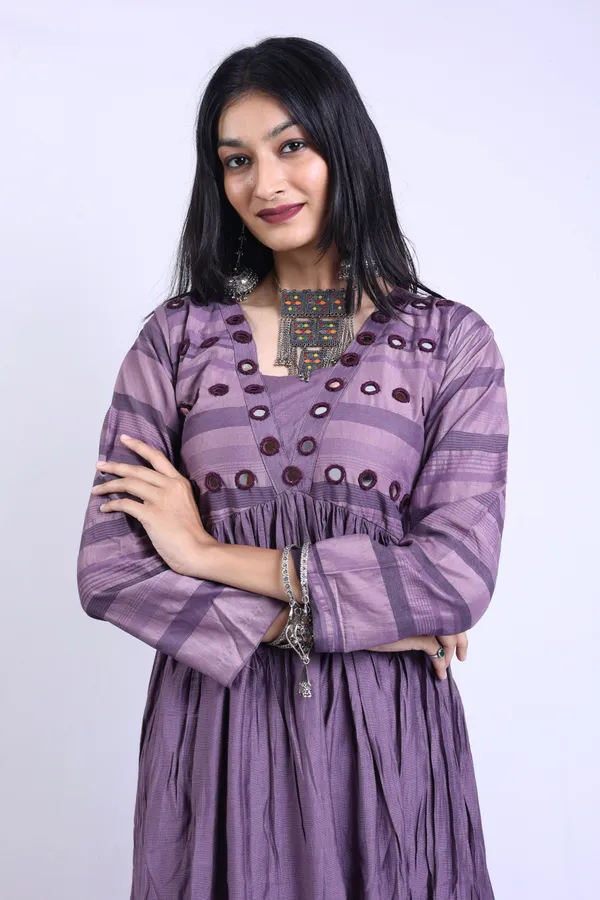 Wisteria_Purple_Art_Silk_Linen_Blend_Mirror_Work_Anarkali_Kurta_With_Elegant_Trousers_Pant_For_Women