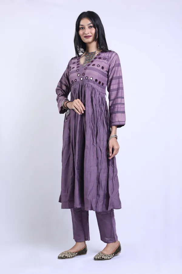 Wisteria_Purple_Art_Silk_Linen_Blend_Mirror_Work_Anarkali_Kurta_With_Elegant_Trousers_Pant_For_Women