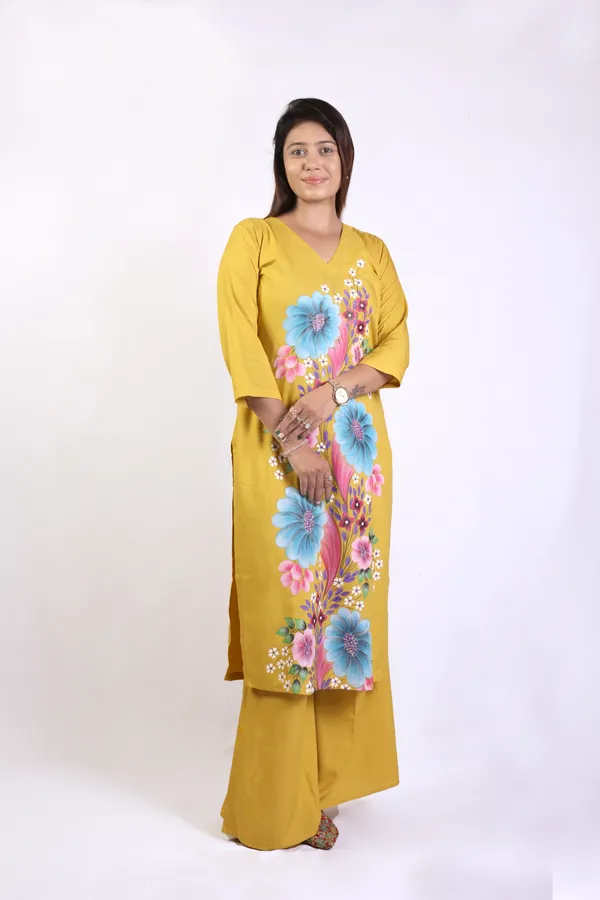 Mustard_Yellow_Hand_Printed_Rayon_Straight_Kurta_&__Palazzo_Pant_Set_With_Organza_Dupatta_For_Women