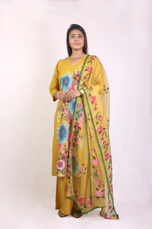 Mustard_Yellow_Hand_Printed_Rayon_Straight_Kurta_&__Palazzo_Pant_Set_With_Organza_Dupatta_For_Women