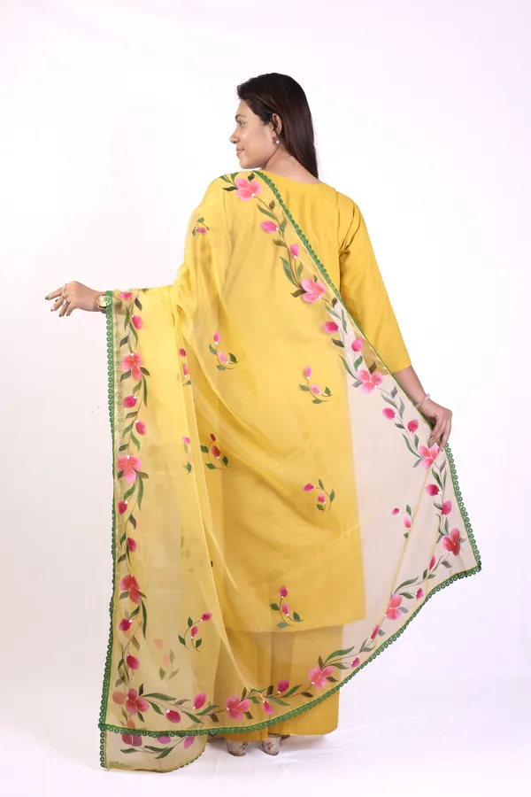 Mustard_Yellow_Hand_Printed_Rayon_Straight_Kurta_&__Palazzo_Pant_Set_With_Organza_Dupatta_For_Women