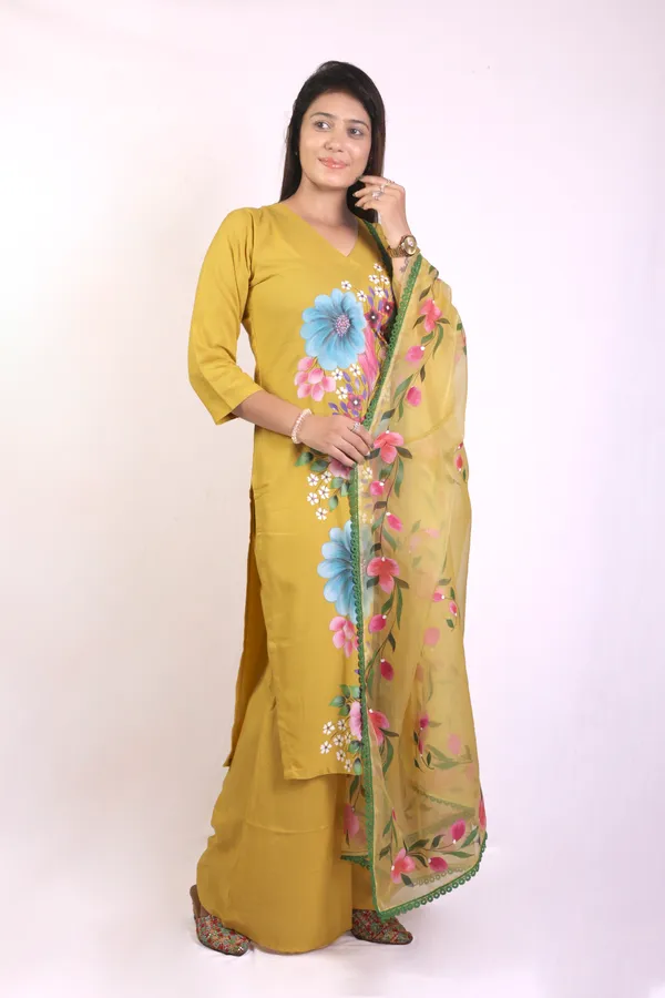 Mustard_Yellow_Hand_Printed_Rayon_Straight_Kurta_&__Palazzo_Pant_Set_With_Organza_Dupatta_For_Women