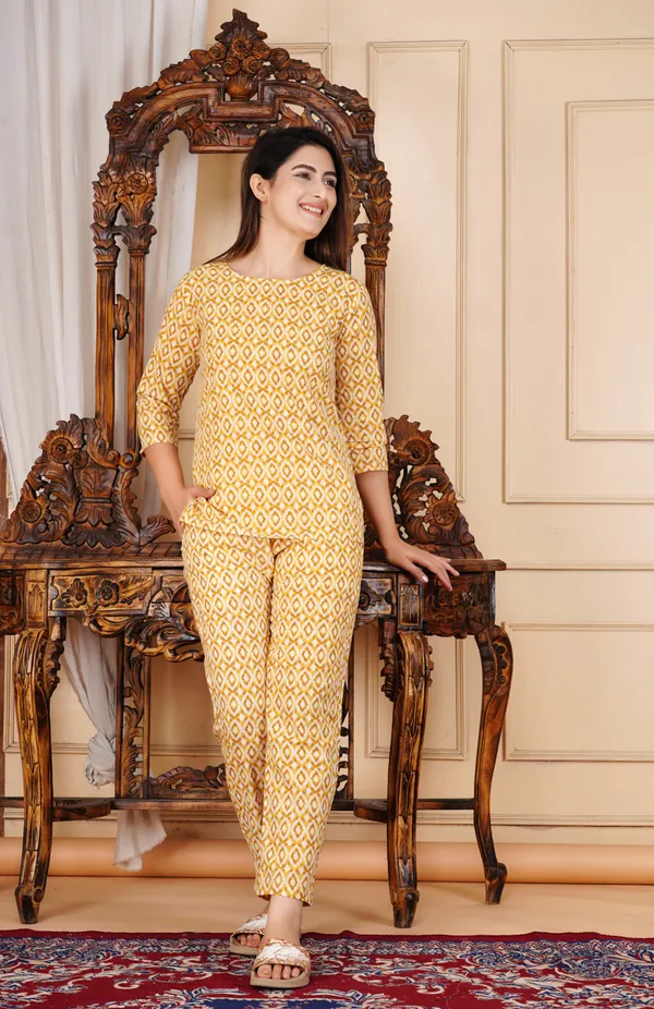 Mustard_Cotton_Printed_Sleeved_Co-Ord_Set_With_Pocket_For_Women