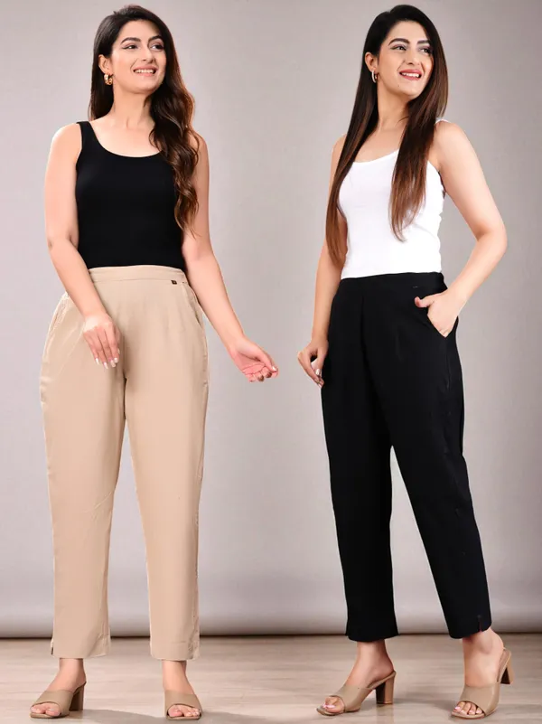 Pack_of_2_Black_&_Cream_Cotton_Elastic_Mid_Waist_band_Women_Trouser