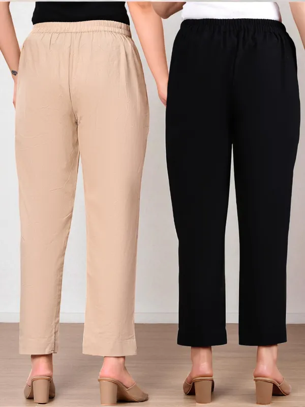 Pack_of_2_Black_&_Cream_Cotton_Elastic_Mid_Waist_band_Women_Trouser