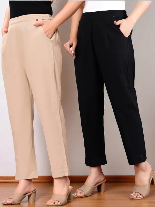 Pack_of_2_Black_&_Cream_Cotton_Elastic_Mid_Waist_band_Women_Trouser