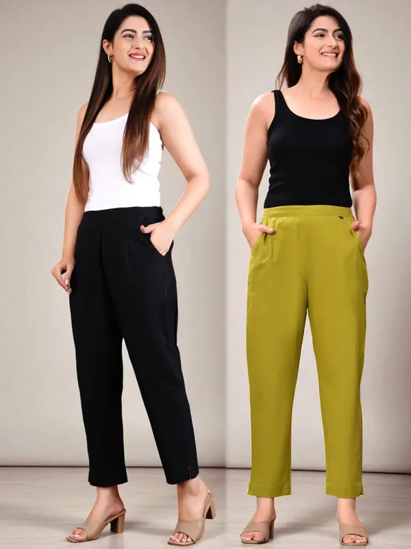 Pack_of_2_Black_&_Green_Cotton_Elastic_Mid_Waist_band_Women_Trouser