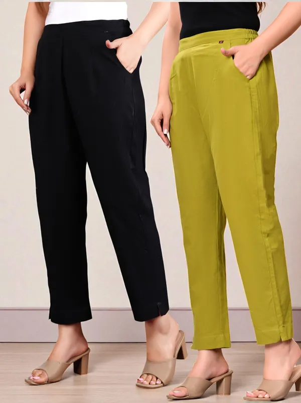 Pack_of_2_Black_&_Green_Cotton_Elastic_Mid_Waist_band_Women_Trouser