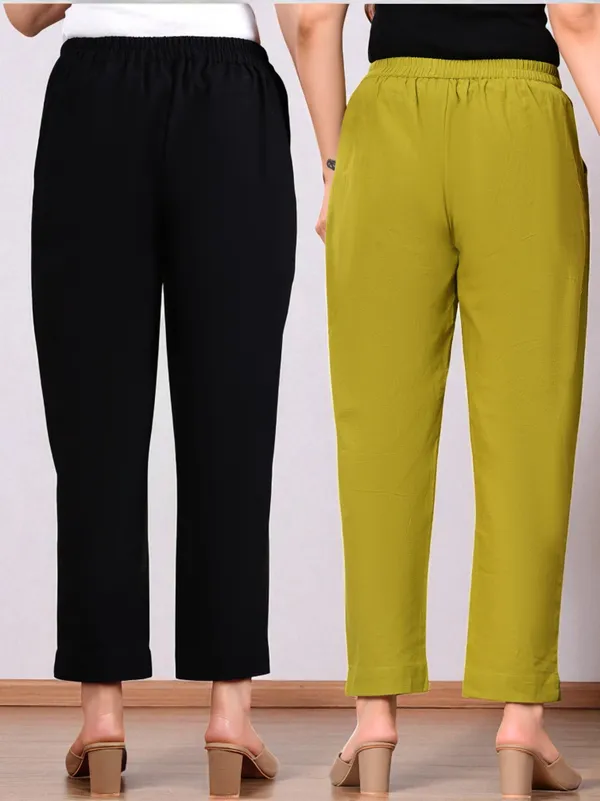 Pack_of_2_Black_&_Green_Cotton_Elastic_Mid_Waist_band_Women_Trouser