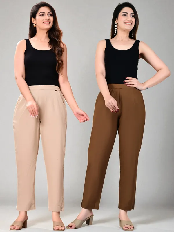 Pack_of_2_Brown_&_Cream_Cotton_Elastic_Mid_Waist_band_Women_Trouser