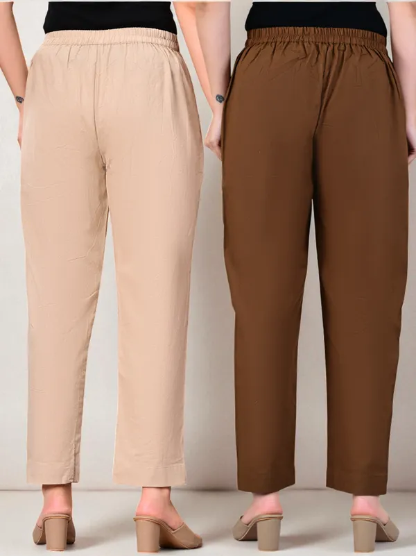Pack_of_2_Brown_&_Cream_Cotton_Elastic_Mid_Waist_band_Women_Trouser