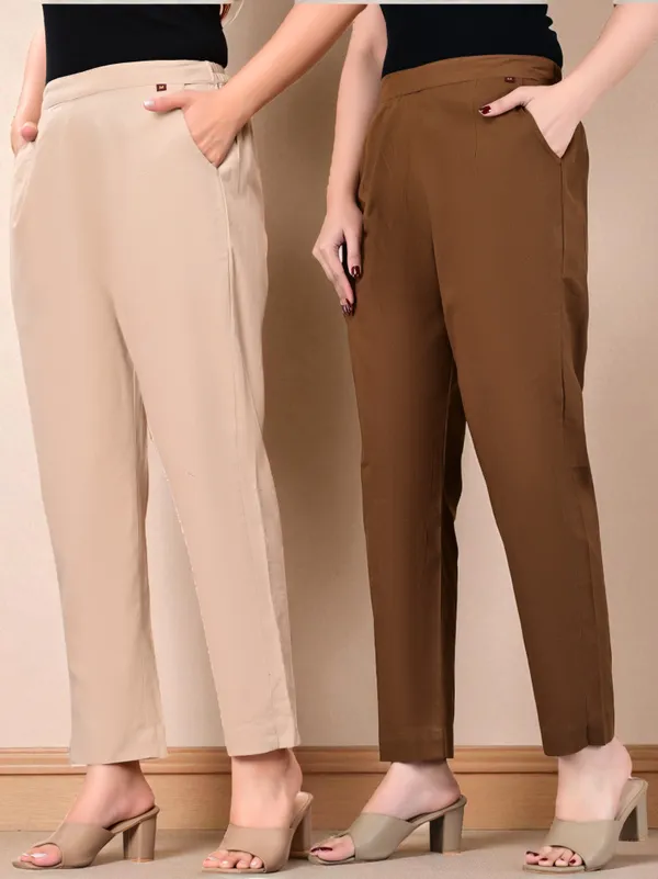 Pack_of_2_Brown_&_Cream_Cotton_Elastic_Mid_Waist_band_Women_Trouser