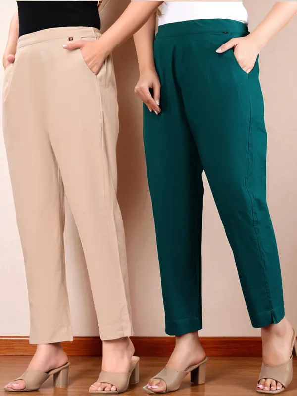 Pack_of_2_Olive_Green_&_Cream_Cotton_Elastic_Mid_Waist_band_Women_Trouser