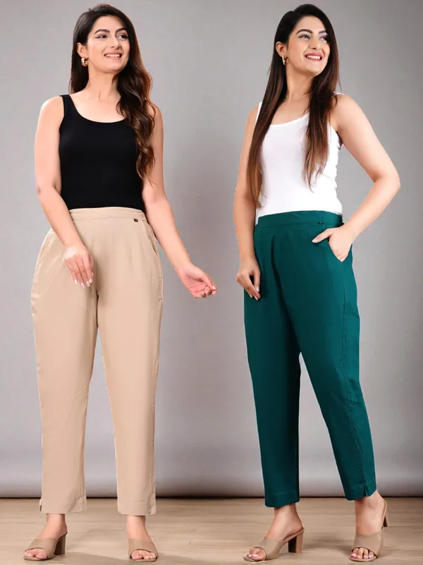 Pack_of_2_Olive_Green_&_Cream_Cotton_Elastic_Mid_Waist_band_Women_Trouser