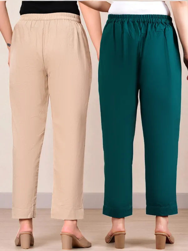 Pack_of_2_Olive_Green_&_Cream_Cotton_Elastic_Mid_Waist_band_Women_Trouser