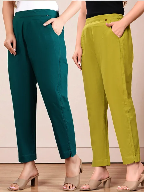 Pack_of_2_Olive_Green_&_Green_Cotton_Elastic_Mid_Waist_band_Women_Trouser