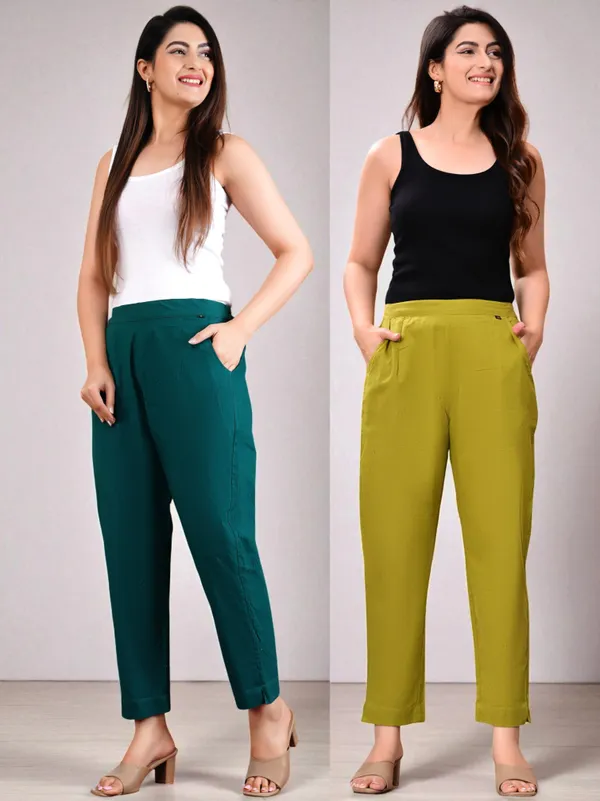 Pack_of_2_Olive_Green_&_Green_Cotton_Elastic_Mid_Waist_band_Women_Trouser