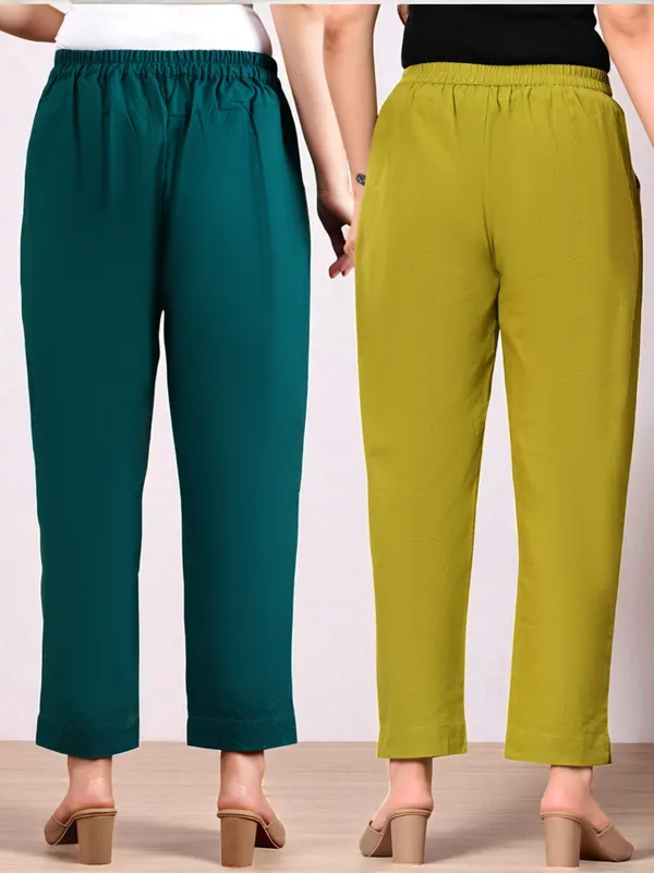 Pack_of_2_Olive_Green_&_Green_Cotton_Elastic_Mid_Waist_band_Women_Trouser
