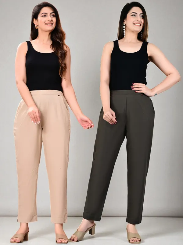 Pack_of_2_Grey_&_Cream_Cotton_Elastic_Mid_Waist_band_Women_Trouser