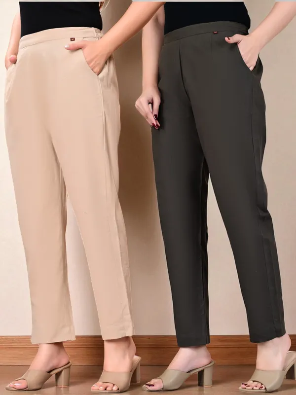Pack_of_2_Grey_&_Cream_Cotton_Elastic_Mid_Waist_band_Women_Trouser