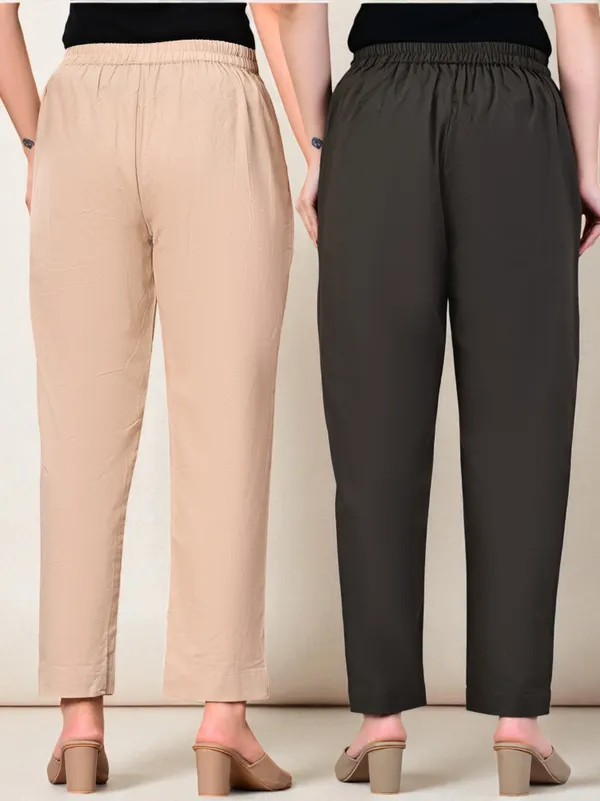Pack_of_2_Grey_&_Cream_Cotton_Elastic_Mid_Waist_band_Women_Trouser
