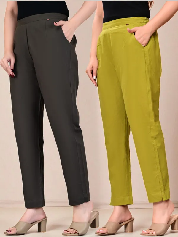 Pack_of_2_Grey_&_Green_Cotton_Elastic_Mid_Waist_band_Women_Trouser