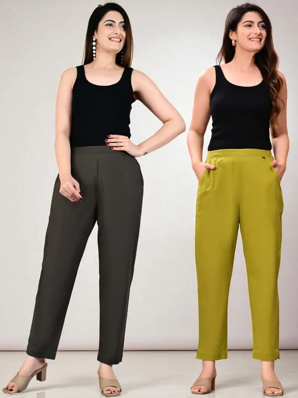 Pack_of_2_Grey_&_Green_Cotton_Elastic_Mid_Waist_band_Women_Trouser