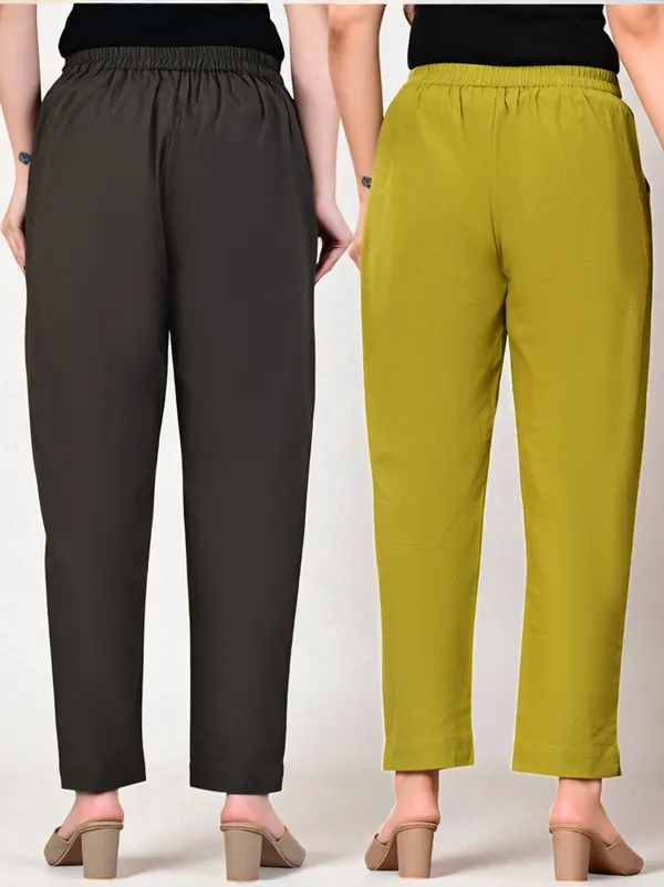Pack_of_2_Grey_&_Green_Cotton_Elastic_Mid_Waist_band_Women_Trouser