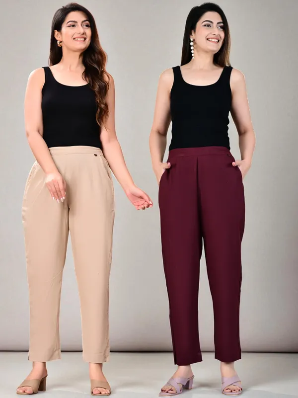 Pack_of_2_Maroon_&_Cream_Cotton_Elastic_Mid_Waist_band_Women_Trouser