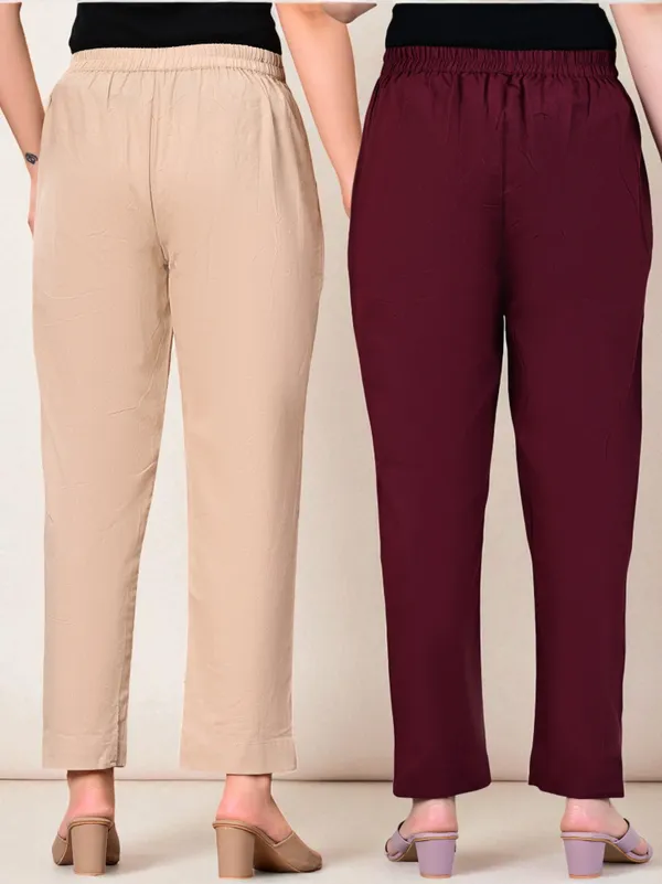 Pack_of_2_Maroon_&_Cream_Cotton_Elastic_Mid_Waist_band_Women_Trouser