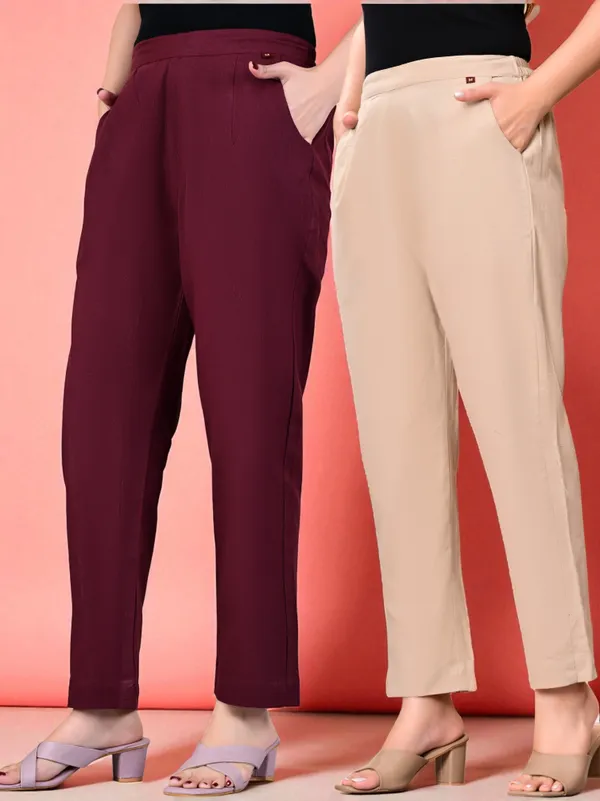 Pack_of_2_Maroon_&_Cream_Cotton_Elastic_Mid_Waist_band_Women_Trouser