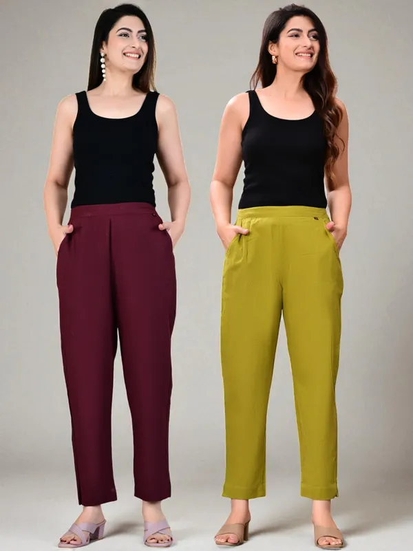 Pack_of_2_Maroon_&_Green_Cotton_Elastic_Mid_Waist_band_Women_Trouser