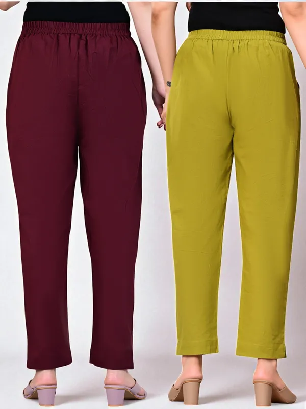 Pack_of_2_Maroon_&_Green_Cotton_Elastic_Mid_Waist_band_Women_Trouser