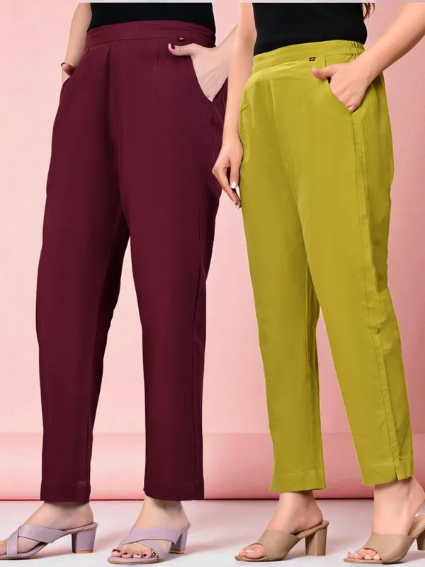 Pack_of_2_Maroon_&_Green_Cotton_Elastic_Mid_Waist_band_Women_Trouser