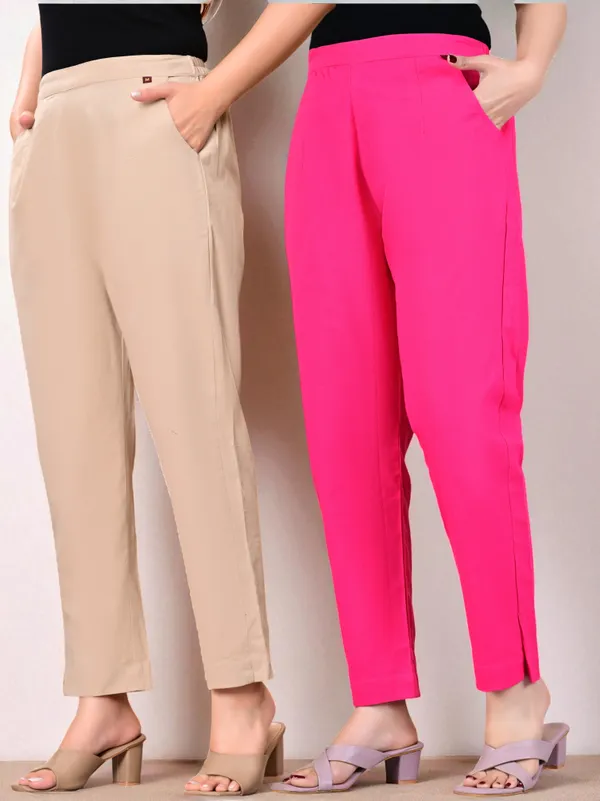 Pack_of_2_Pink_&_Cream_Cotton_Elastic_Mid_Waist_band_Women_Trouser