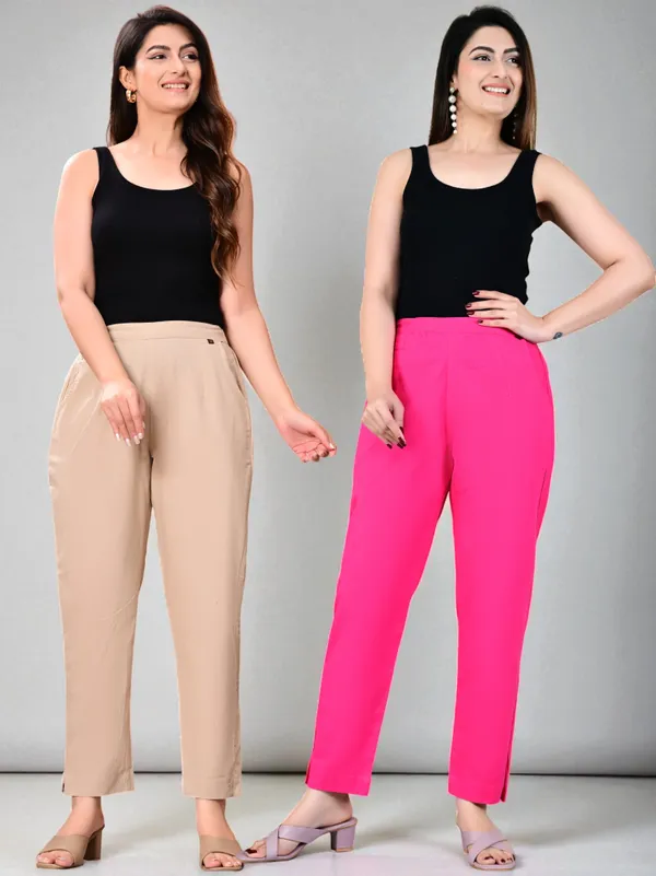 Pack_of_2_Pink_&_Cream_Cotton_Elastic_Mid_Waist_band_Women_Trouser