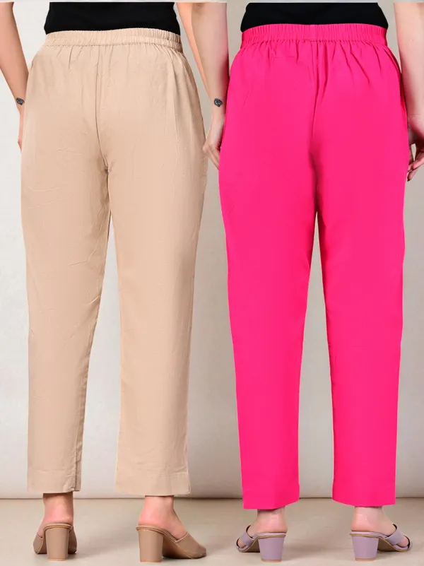 Pack_of_2_Pink_&_Cream_Cotton_Elastic_Mid_Waist_band_Women_Trouser