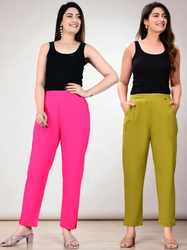 Pack_of_2_Pink_&_Green_Cotton_Elastic_Mid_Waist_band_Women_Trouser