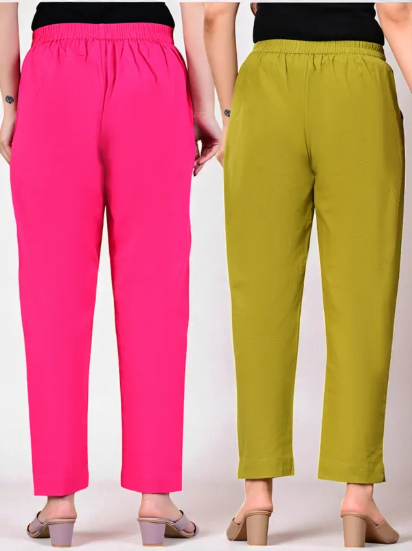 Pack_of_2_Pink_&_Green_Cotton_Elastic_Mid_Waist_band_Women_Trouser
