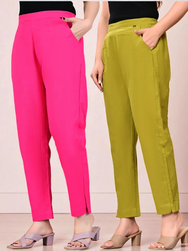 Pack_of_2_Pink_&_Green_Cotton_Elastic_Mid_Waist_band_Women_Trouser