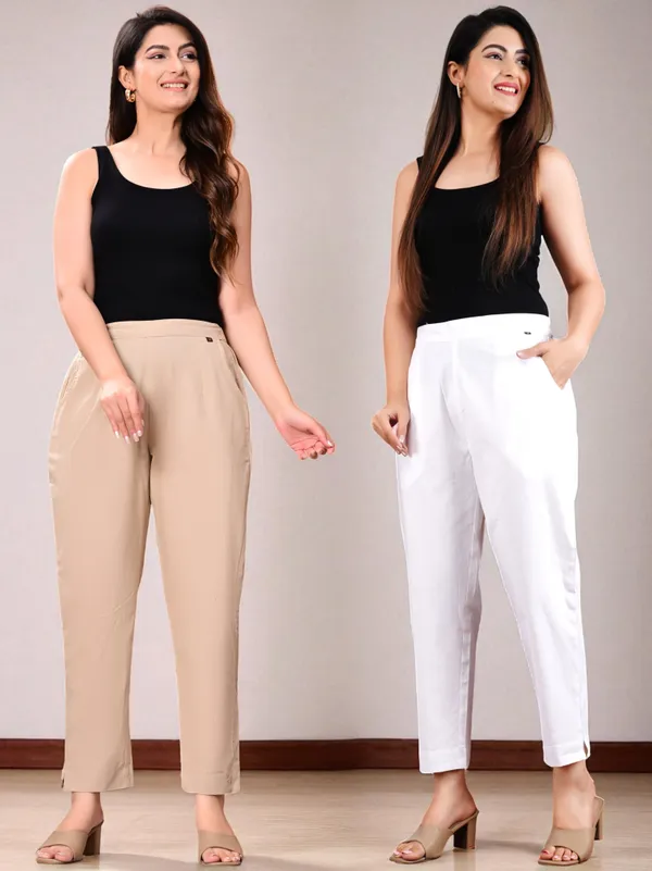 Pack_of_2_White_&_Cream_Cotton_Elastic_Mid_Waist_band_Women_Trouser